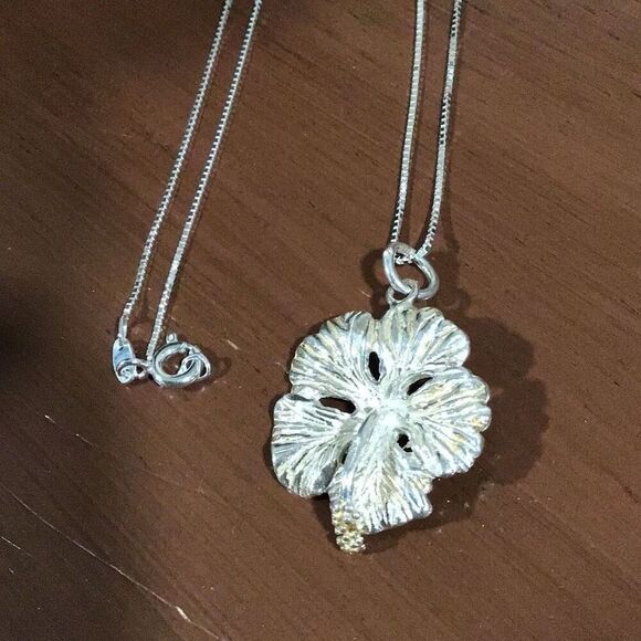 Necklace, Hibiscus Flower Sterling Silver Pendant, 18", NEW, Handmade, Artisan - Picture 1 of 5